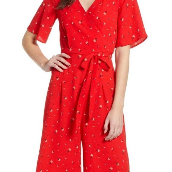 NWOT Row A Dandelion Floral Double-V Cherry Red Romper Jumpsuit - Picture 10 of 10